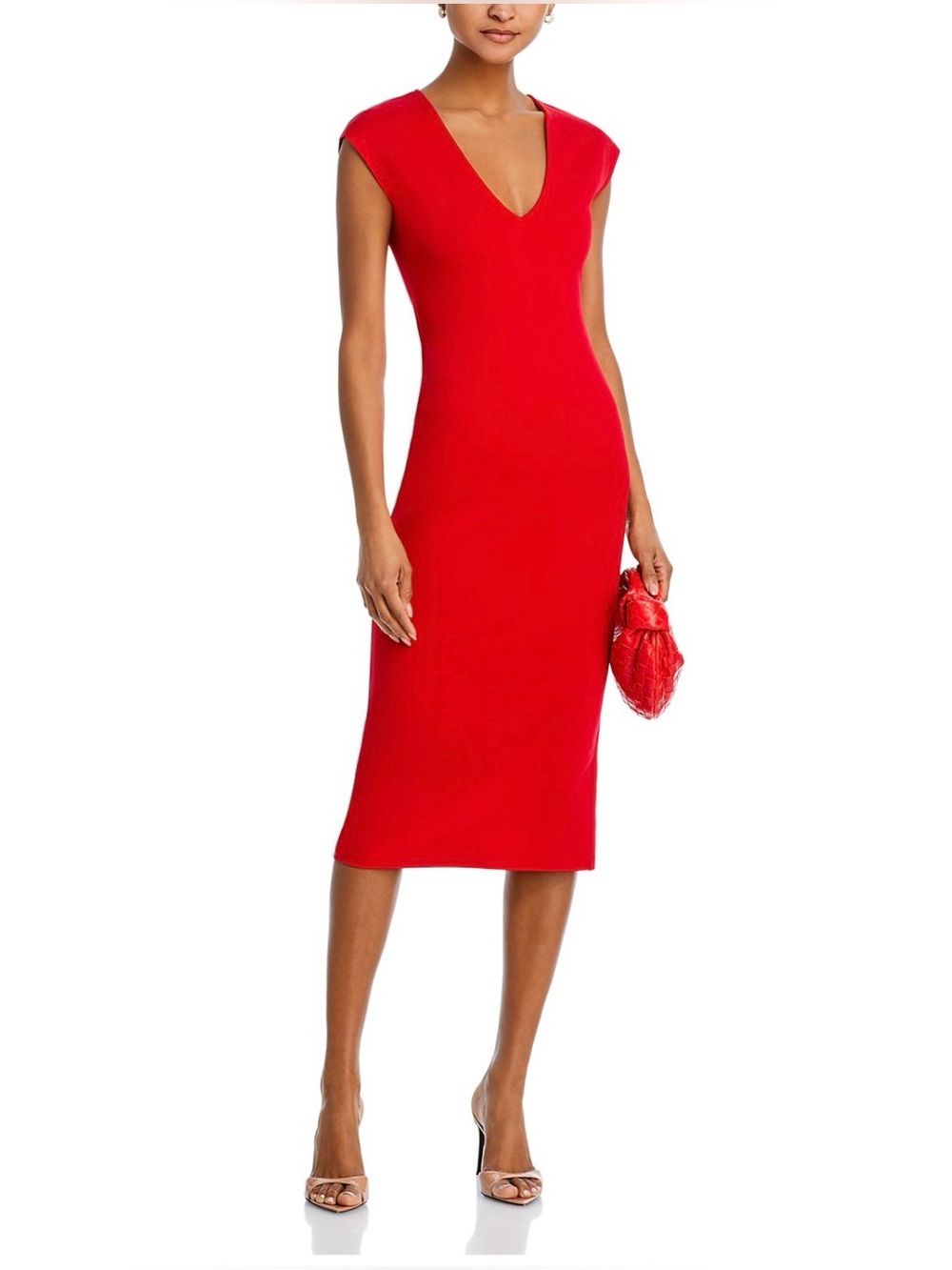 AQUA V Neck Ponte Short Sleeved Midi Dress